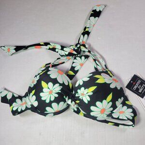 Salt + Cove Black Floral Daisy Push-Up Bikini Top With Tie Straps Size S